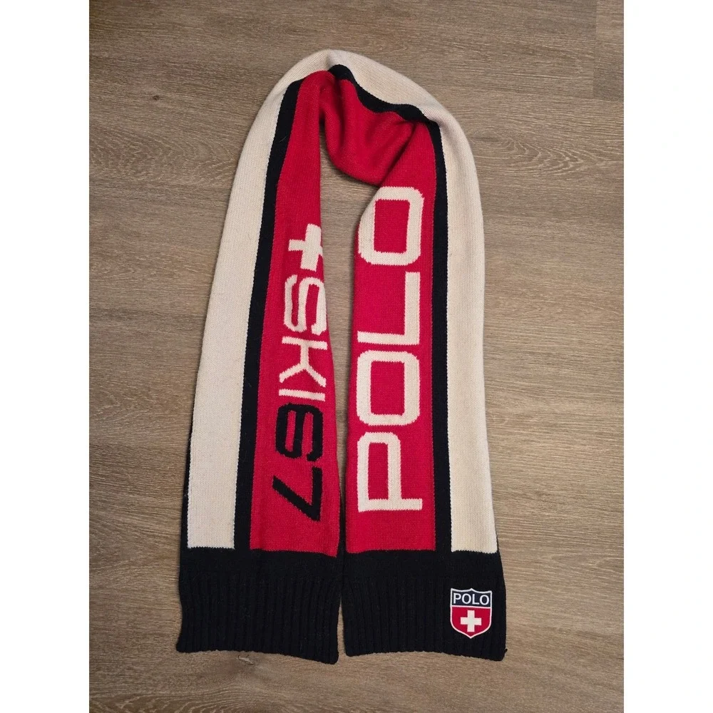 Polo Ralph Lauren Ski 67 Knit Scarf Red White Navy Blue Colorblock‎ Swiss Cross